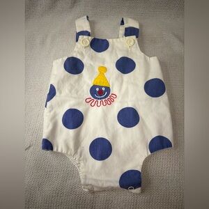 Vintage Grace White and Blue Polka Dot Baby Romper, Clown Embroidered Bubble
